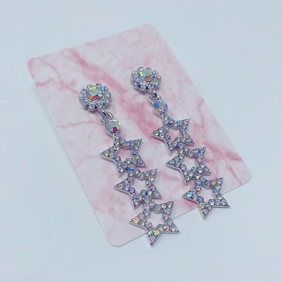 Iridescent Rhinestone Crystal Star Post Drop Earrings - Picture 7 of 7